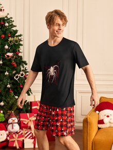 Provexi Provexi Halloween Fun Spider Element Pajamas, Men's Comfortable Plaid Short Sleeve & Shorts 2 Pieces Loungewear Set - Multicolor - View 3