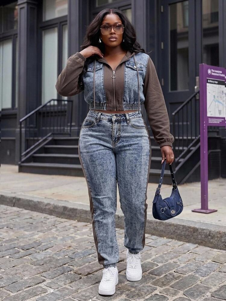 Slaydiva Plus-Size Women's Casual Traditional Versatile Everyday Blue Jogger Jeans Pockets Buttons Y2K Street Style Formal Birthday. - Multicolor - View 3