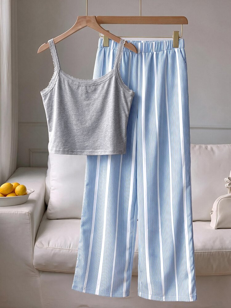 Comfortcana Women's Solid Color Camisole Top And Striped Long Pants Casual Set - Grey - View 7