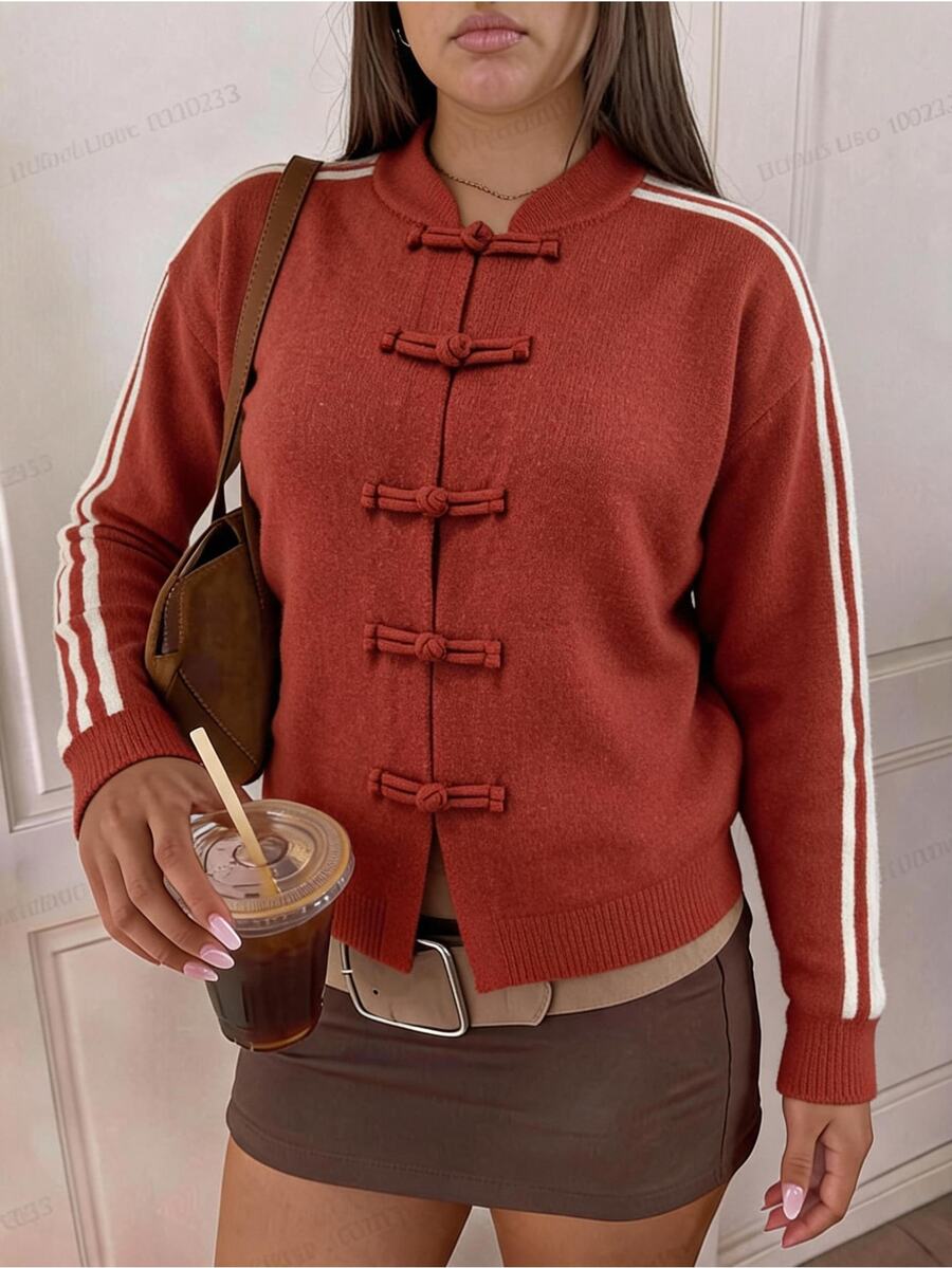 Comfortcana Plus Size Autumn/Winter Vintage Red Sporty Webbing Frog Button Knit Cardigan - Red - View 1