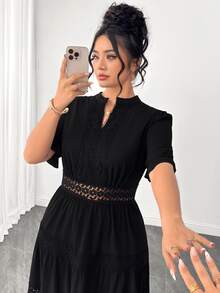 Elenzga Gaun Ukuran Plus Elegan Lengan Pendek Lengan Lentera Ruffle Leher V Patchwork Renda Berlapis-lapis Rok Kue Berongga Hitam Pakaian Musim Gugur untuk Wanita - Hitam - View 5
