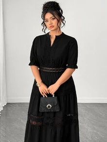 Elenzga Gaun Ukuran Plus Elegan Lengan Pendek Lengan Lentera Ruffle Leher V Patchwork Renda Berlapis-lapis Rok Kue Berongga Hitam Pakaian Musim Gugur untuk Wanita - Hitam - View 6