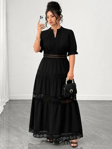 Elenzga Gaun Ukuran Plus Elegan Lengan Pendek Lengan Lentera Ruffle Leher V Patchwork Renda Berlapis-lapis Rok Kue Berongga Hitam Pakaian Musim Gugur untuk Wanita - Hitam - View 7