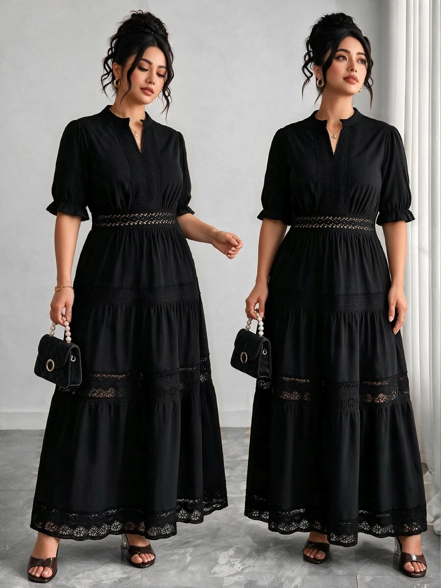 Elenzga Gaun Ukuran Plus Elegan Lengan Pendek Lengan Lentera Ruffle Leher V Patchwork Renda Berlapis-lapis Rok Kue Berongga Hitam Pakaian Musim Gugur untuk Wanita - Hitam - View 1