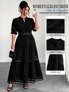 Elenzga Gaun Ukuran Plus Elegan Lengan Pendek Lengan Lentera Ruffle Leher V Patchwork Renda Berlapis-lapis Rok Kue Berongga Hitam Pakaian Musim Gugur untuk Wanita - Hitam - View 3