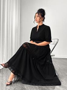Elenzga Gaun Ukuran Plus Elegan Lengan Pendek Lengan Lentera Ruffle Leher V Patchwork Renda Berlapis-lapis Rok Kue Berongga Hitam Pakaian Musim Gugur untuk Wanita - Hitam - View 4