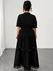 Elenzga Gaun Ukuran Plus Elegan Lengan Pendek Lengan Lentera Ruffle Leher V Patchwork Renda Berlapis-lapis Rok Kue Berongga Hitam Pakaian Musim Gugur untuk Wanita - Hitam - View 2