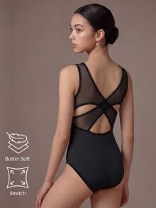 Tween Girl 1 Piece Young Girls' Solid Color Fashion Modest Athletic Stretch Mesh Back Cross Tight Bodysuit Summer Gymnastic Dance Ballet Gym All Black - Black - View 2