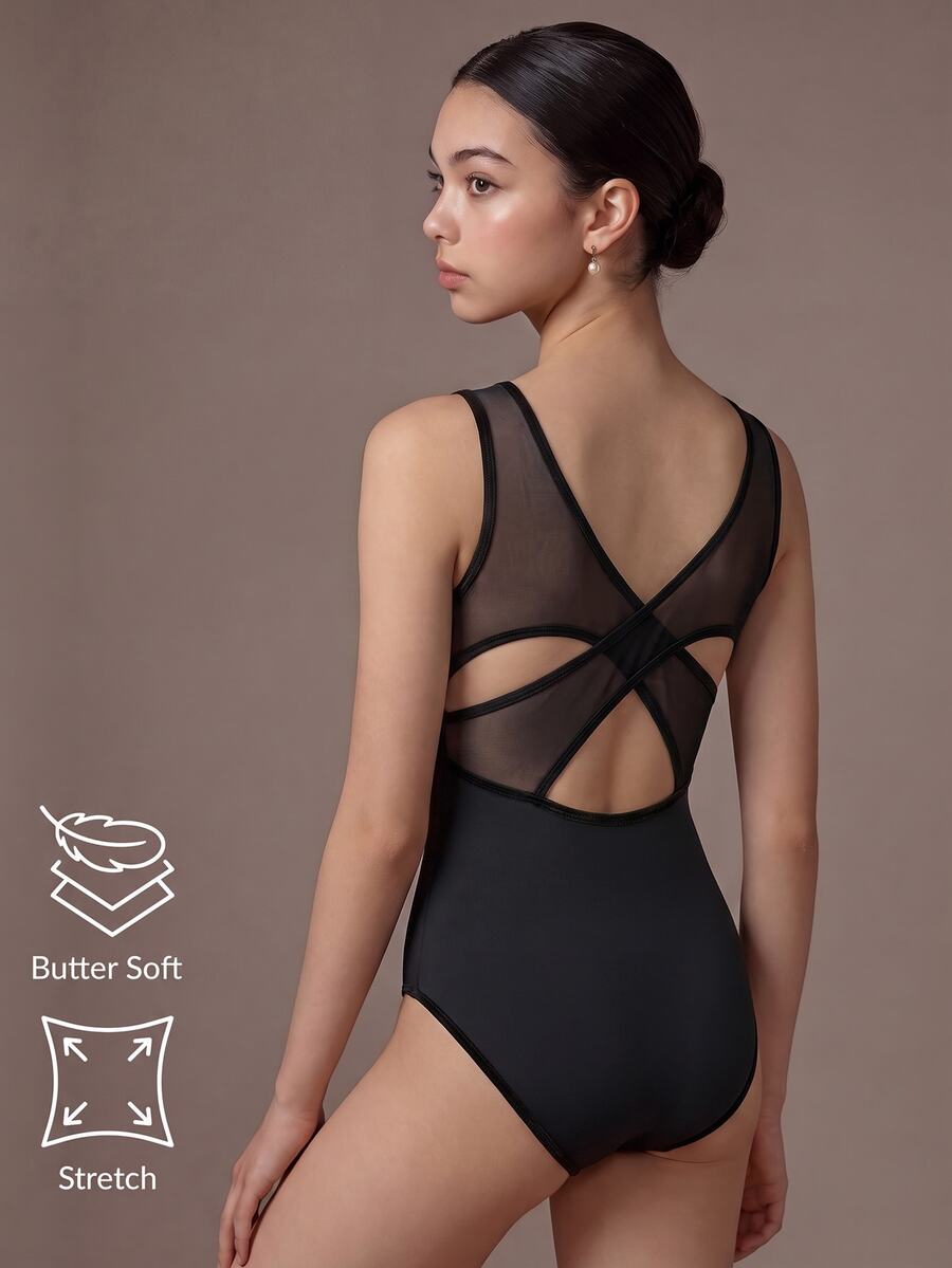 Tween Girl 1 Piece Young Girls' Solid Color Fashion Modest Athletic Stretch Mesh Back Cross Tight Bodysuit Summer Gymnastic Dance Ballet Gym All Black