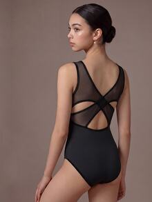 Tween Girl 1 Piece Young Girls' Solid Color Fashion Modest Athletic Stretch Mesh Back Cross Tight Bodysuit Summer Gymnastic Dance Ballet Gym All Black - Black - View 9