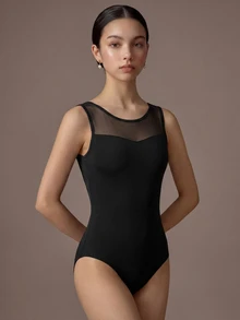 Tween Girl 1 Piece Young Girls' Solid Color Fashion Modest Athletic Stretch Mesh Back Cross Tight Bodysuit Summer Gymnastic Dance Ballet Gym All Black - Black - View 6