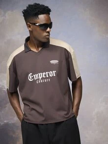 Emperor Men's Contrast Color Shirt Collar Drop Shoulder Sleeve Letter Print Heavyweight Casual Loose Street Short Sleeve T-Shirt - Multicolor - View 5