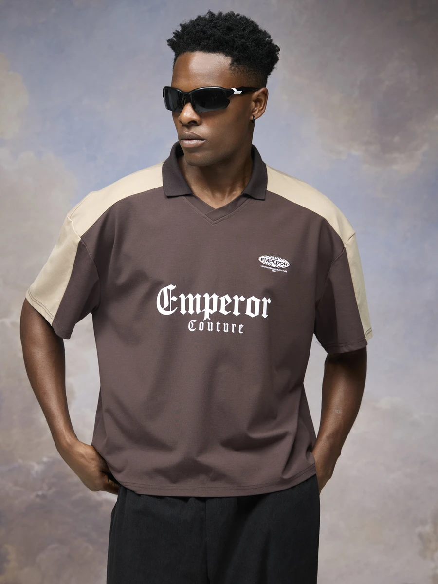 Emperor Men's Contrast Color Shirt Collar Drop Shoulder Sleeve Letter Print Heavyweight Casual Loose Street Short Sleeve T-Shirt - Multicolor - View 1