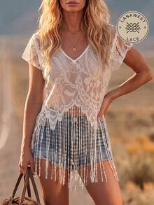 LanaWest Women's Solid Color Lace V-Neck Batwing Sleeve Tassel Hem Vacation Style Top - White - View 1
