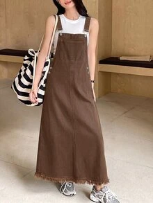 SHEIN Teen Girls Brown Green Denim Loose Overalls Dress - Brown - View 4