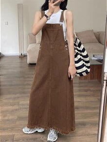 SHEIN Teen Girls Brown Green Denim Loose Overalls Dress - Brown - View 6