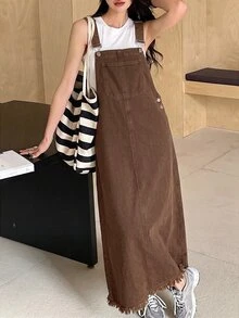 SHEIN Teen Girls Brown Green Denim Loose Overalls Dress - Brown - View 5