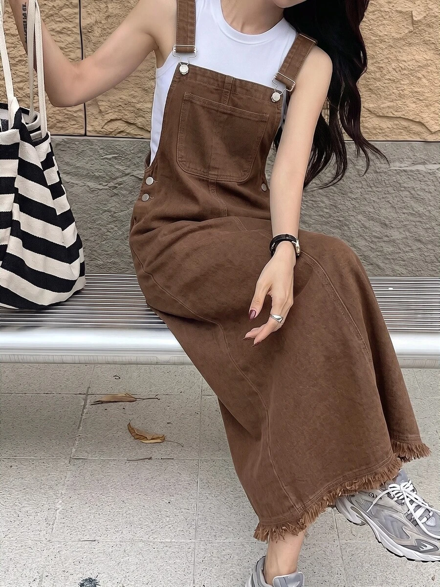 SHEIN Teen Girls Brown Green Denim Loose Overalls Dress - Brown - View 1