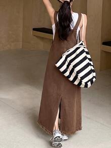 SHEIN Teen Girls Brown Green Denim Loose Overalls Dress - Brown - View 3