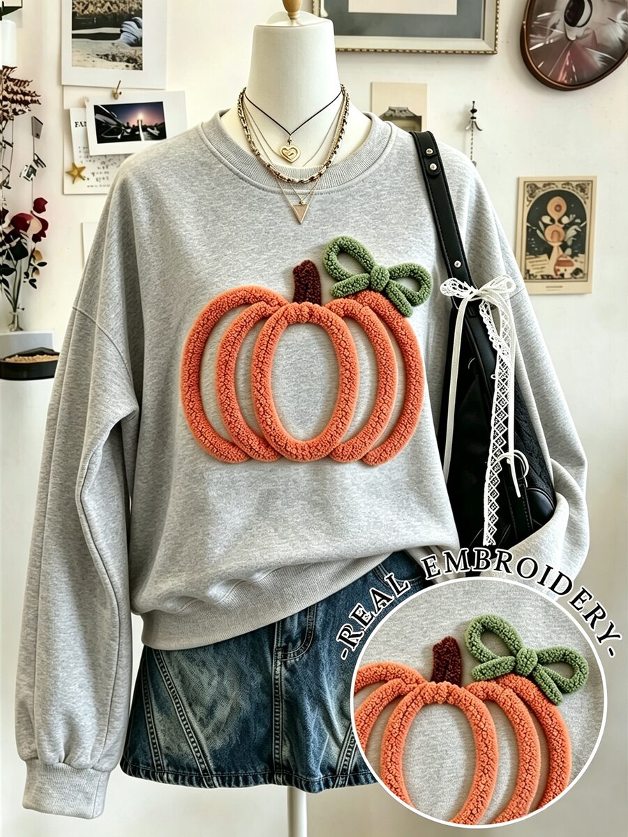 Lalippa 秋季氛圍感恩節蝴蝶結南瓜刺繡落肩休閒運動衫,感恩節刺繡運動衫,感恩節雪尼爾紗線運動衫,基督教禮物客製化個性化秋季運動衫,秋季運動衫時尚禮物,南瓜香料秋季運動衫 - 淺灰色 - 查看 1