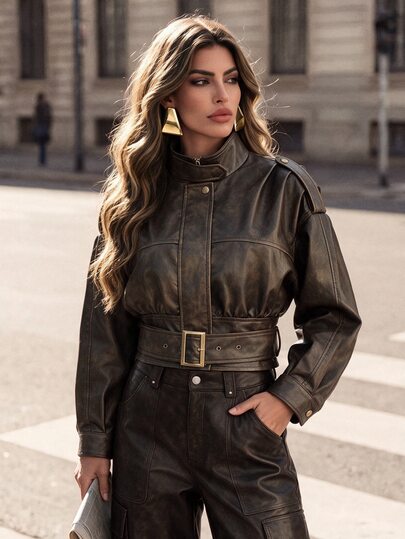 Anewsta Women Belted Cropped Faux Leather Jacket With Puff Sleeves