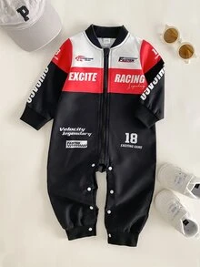 SHEIN 2pcs Baby Boy Romper Jumpsuit Cool Sporty Red Black Racing Print Letter Long Sleeve Mock Neck Regular Birthday Party Fall Halloween Holiday Full Zip - Multicolor - View 3