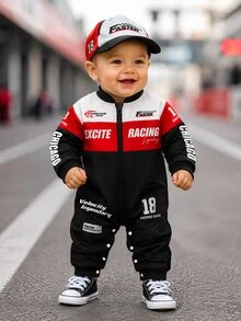 SHEIN 2pcs Baby Boy Romper Jumpsuit Cool Sporty Red Black Racing Print Letter Long Sleeve Mock Neck Regular Birthday Party Fall Halloween Holiday Full Zip - Multicolor - View 1