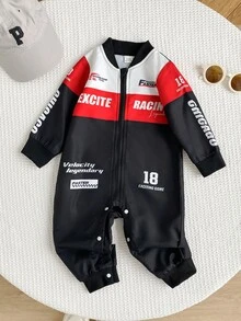 SHEIN 2pcs Baby Boy Romper Jumpsuit Cool Sporty Red Black Racing Print Letter Long Sleeve Mock Neck Regular Birthday Party Fall Halloween Holiday Full Zip - Multicolor - View 9