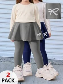 SHEIN 2件組幼女公主風裙褲，海軍藍與灰色蝴蝶結圖案喇叭裙，芭蕾派對秋季舞服，彈性腰頭修身款 - 彩色 - 查看 4
