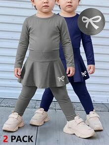 SHEIN 2件組幼女公主風裙褲，海軍藍與灰色蝴蝶結圖案喇叭裙，芭蕾派對秋季舞服，彈性腰頭修身款 - 彩色 - 查看 2
