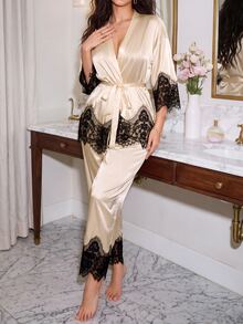 Rafferiza 2pcs Women Elegant Satin Long Sleeve Pajama Set With Lace Trim, Suitable For All Seasons - Champagne - View 4