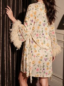 Rafferiza 2pcs Feather Decor Mesh Floral Print Cami Nightgown & Robe Set - Apricot - View 2