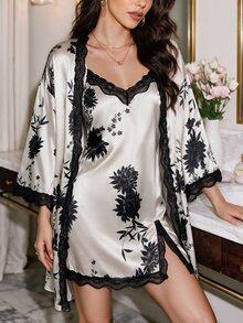 Rafferiza Bộ đồ ngủ hai dây bằng vải satin họa tiết hoa viền ren và áo choàng có thắt lưng, trang phục thu đông - Nhiều màu - Xem 6