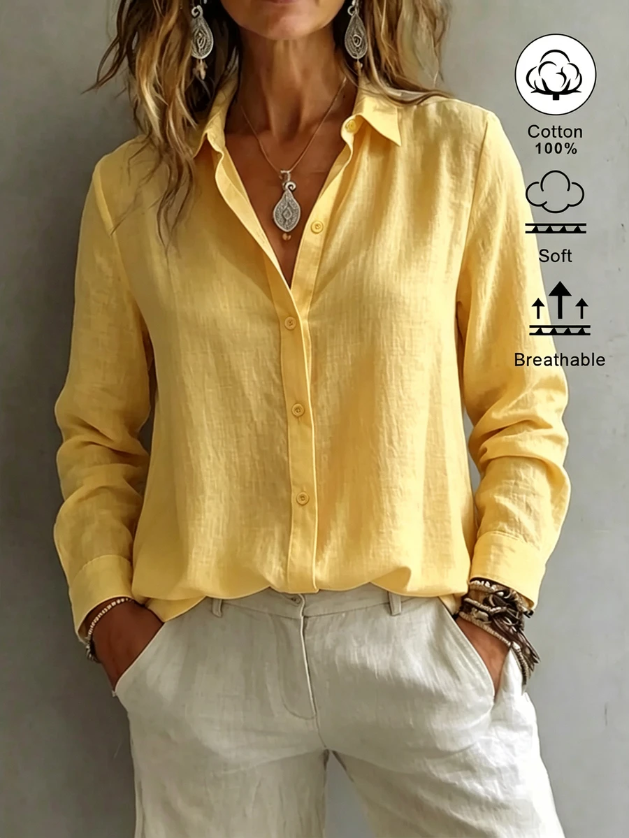 SHEIN EZwear 女款襯衫領長袖鈕扣設計休閒度假極簡日常外出上衣浪漫度假穿搭新款修身收腰極簡外出上衣夏季新款襯衫夏季服飾休閒度假服裝沙灘海灘裝商務通勤適合辦公穿著女款襯衫夏季襯衫女款辦公服飾女款夏季襯衫白色襯衫 - 黃色 - 查看 1