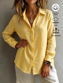 SHEIN EZwear 女款襯衫領長袖鈕扣設計休閒度假極簡日常外出上衣浪漫度假穿搭新款修身收腰極簡外出上衣夏季新款襯衫夏季服飾休閒度假服裝沙灘海灘裝商務通勤適合辦公穿著女款襯衫夏季襯衫女款辦公服飾女款夏季襯衫白色襯衫 - 黃色 - 查看 5