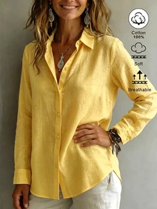 SHEIN EZwear 女款襯衫領長袖鈕扣設計休閒度假極簡日常外出上衣浪漫度假穿搭新款修身收腰極簡外出上衣夏季新款襯衫夏季服飾休閒度假服裝沙灘海灘裝商務通勤適合辦公穿著女款襯衫夏季襯衫女款辦公服飾女款夏季襯衫白色襯衫 - 黃色 - 查看 3