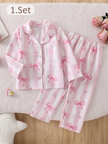 2pcs/Set Girls Pajamas, Lapel Cardigan Design, Striped Bow Print, Long Sleeve Long Pants, Woven Casual Loungewear Set - Pink - View 3