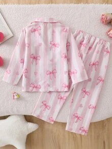 2pcs/Set Girls Pajamas, Lapel Cardigan Design, Striped Bow Print, Long Sleeve Long Pants, Woven Casual Loungewear Set - Pink - View 4