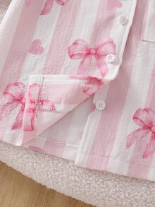 2pcs/Set Girls Pajamas, Lapel Cardigan Design, Striped Bow Print, Long Sleeve Long Pants, Woven Casual Loungewear Set - Pink - View 5