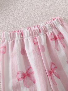 2pcs/Set Girls Pajamas, Lapel Cardigan Design, Striped Bow Print, Long Sleeve Long Pants, Woven Casual Loungewear Set - Pink - View 7