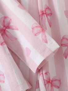 2pcs/Set Girls Pajamas, Lapel Cardigan Design, Striped Bow Print, Long Sleeve Long Pants, Woven Casual Loungewear Set - Pink - View 6