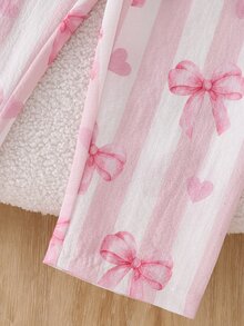 2pcs/Set Girls Pajamas, Lapel Cardigan Design, Striped Bow Print, Long Sleeve Long Pants, Woven Casual Loungewear Set - Pink - View 8