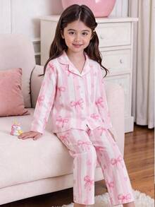 2pcs/Set Girls Pajamas, Lapel Cardigan Design, Striped Bow Print, Long Sleeve Long Pants, Woven Casual Loungewear Set - Pink - View 2