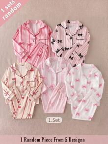 2pcs/Set Girls Pajamas, Lapel Cardigan Design, Striped Bow Print, Long Sleeve Long Pants, Woven Casual Loungewear Set - Pink - View 1