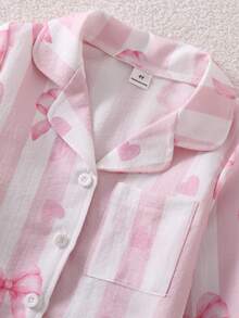 2pcs/Set Girls Pajamas, Lapel Cardigan Design, Striped Bow Print, Long Sleeve Long Pants, Woven Casual Loungewear Set - Pink - View 10