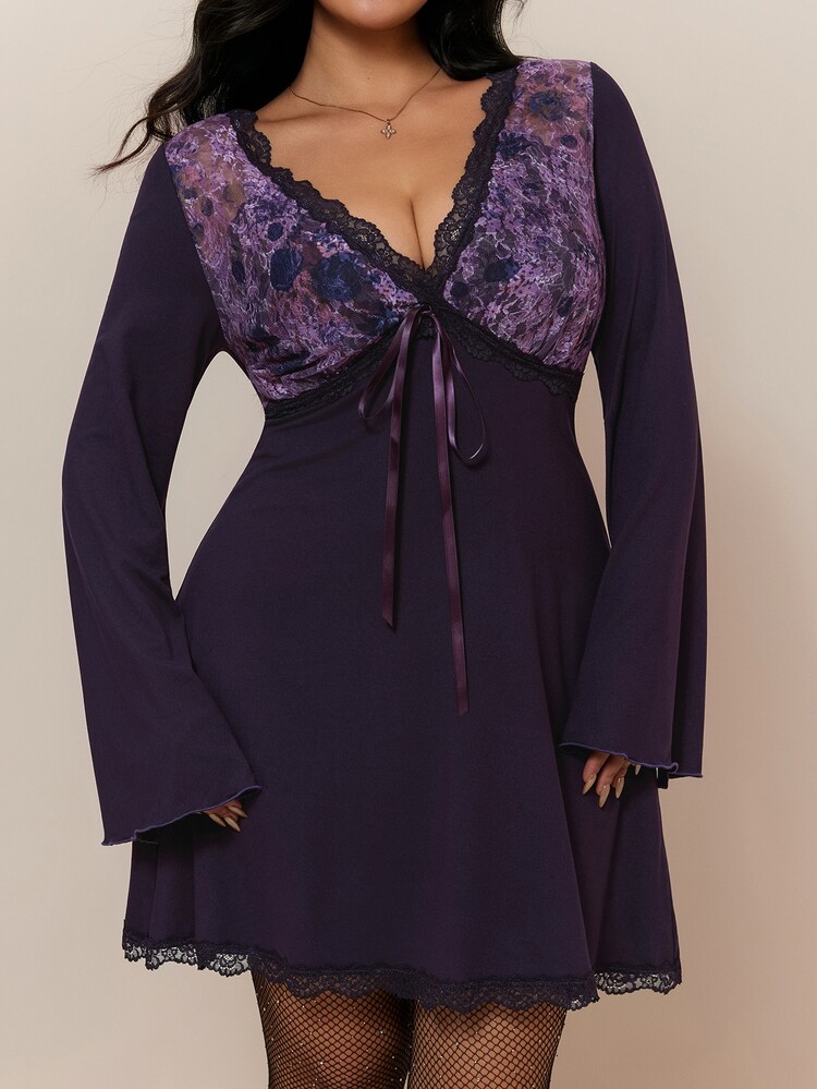 CovetEZ Spring/Summer Tie-Dye Floral Mesh Print Flare Sleeve V-Neck Vacation Casual Plus Size A-Line Dress Fall - Mauve Purple - View 3