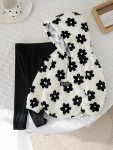 SHEIN 女嬰可愛休閒毛茸茸花卉印花連帽衛衣與鬆緊腰長褲套裝，秋冬款 - 黑與白 - 查看 8
