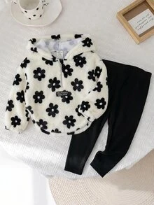 SHEIN 女嬰可愛休閒毛茸茸花卉印花連帽衛衣與鬆緊腰長褲套裝，秋冬款 - 黑與白 - 查看 5