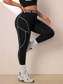 SHEIN Rhythm Era Spring/Summer Plus Size Women's Sports Leggings, Black Tight Waistband Patchwork Slogan High Elastic Rubber Band Color Block Line Split 9/10 Gym - Black - View 6