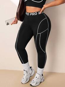 SHEIN Rhythm Era Spring/Summer Plus Size Women's Sports Leggings, Black Tight Waistband Patchwork Slogan High Elastic Rubber Band Color Block Line Split 9/10 Gym - Black - View 3